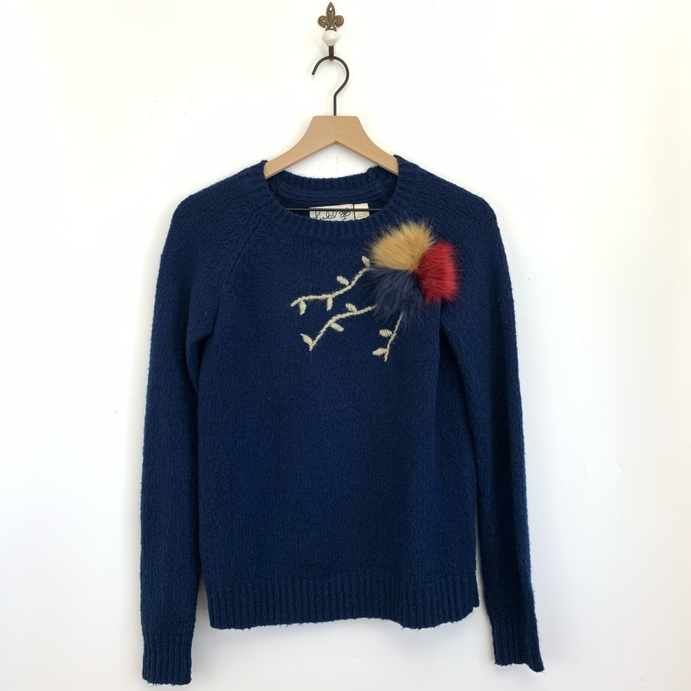 Anthropologie Navy Crewneck Sweater with Multicolor Pom Detail - Picture 3 of 8